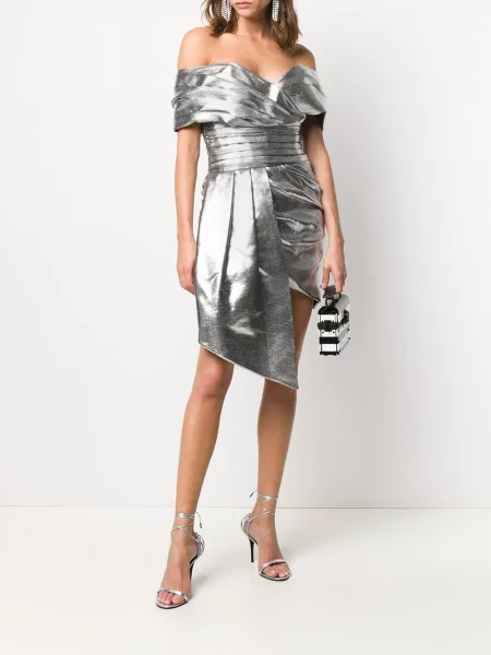 Drapiruota kostiumas mini suknelė Alexandre Vauthier nuo peties sidabrinė