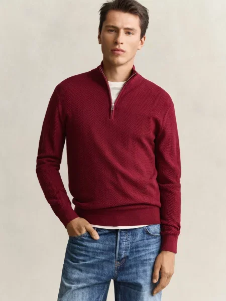 Gant sweter typu troyer z domieszką wełny Mężczyźni M czerwony