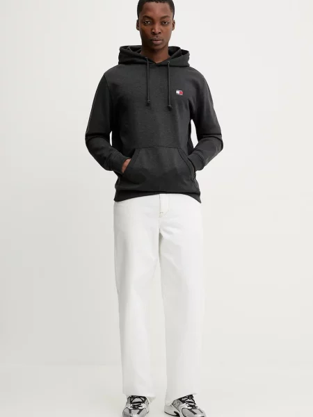 Tommy Jeans pulover s kapuco z bombažem siva