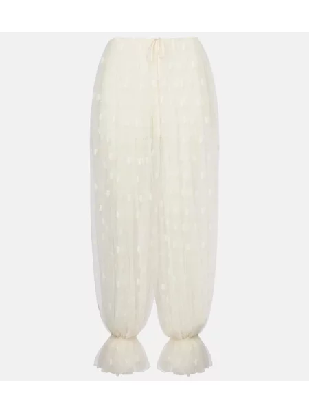 Pantaloni Chloé cu broderie de mătase alb