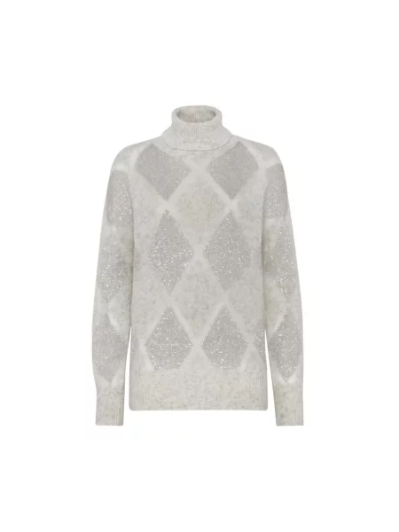 Sweter z golfem Brunello Cucinelli z cekinami wełniany szary
