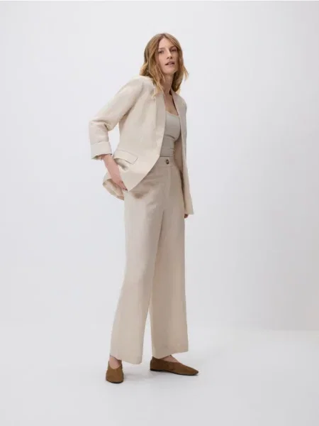 Reserved Spodnie z lnem beżowy