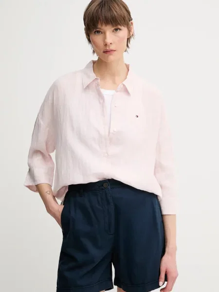 Tommy Hilfiger koszula lniana relaxed z kołnierzykiem klasycznym różowy
