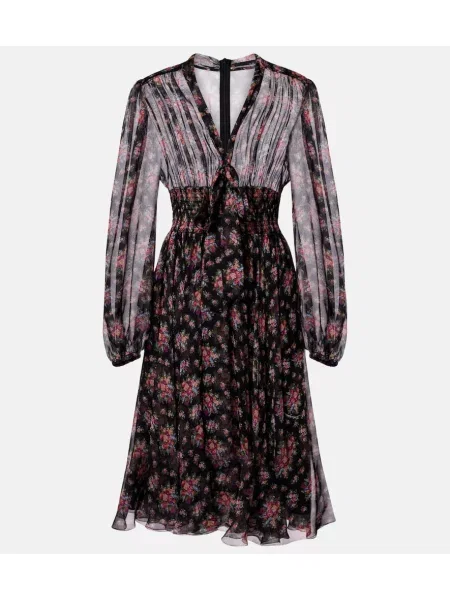 Rochie midi Dolce&gabbana de mătase cu model floral până la genunchi negru