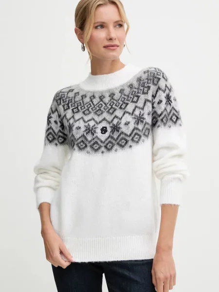 Пуловер с вълна BOSS Findsey_SKI с ниско поло бежово