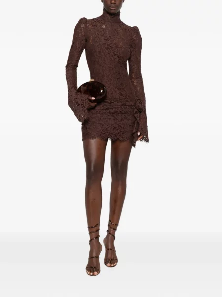 Rochie mini De La Vali cu model floral din dantelă maro