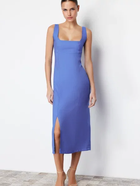 Gulerat rochie midi Trendyol în linie A albastru