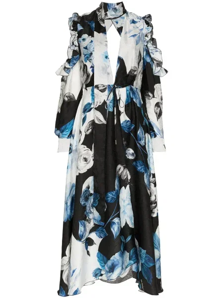 Rochie midi Off-white de mătase cu model floral până la genunchi alb