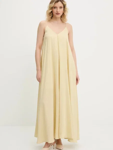 Answear Lab sukienka z lnem maxi rozkloszowana żółty