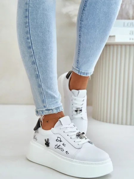 Sneakerși Kesi cu inscripții din piele cu platformă alb