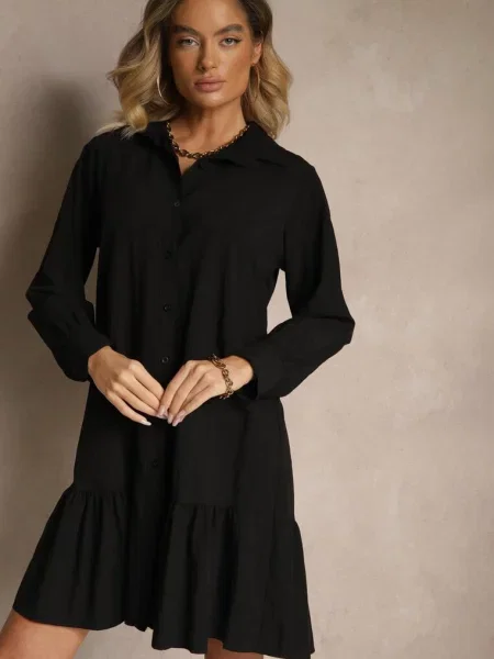 Koszulowa Sukienka z Wiskozą Zakończona Falbanką Tirzedi czarna