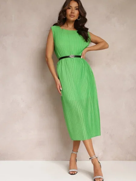 Rochie midi cu pliuri Lanaia cu cu cataramă verde