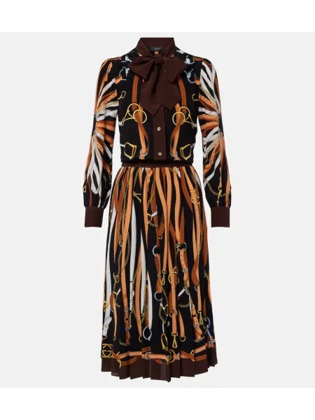Rochie tip cămașă Gucci de mătase cu imagine cu legături maro