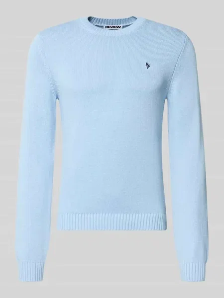 Sweter z dzianiny z prążkowanymi wykończeniami Review błękitny