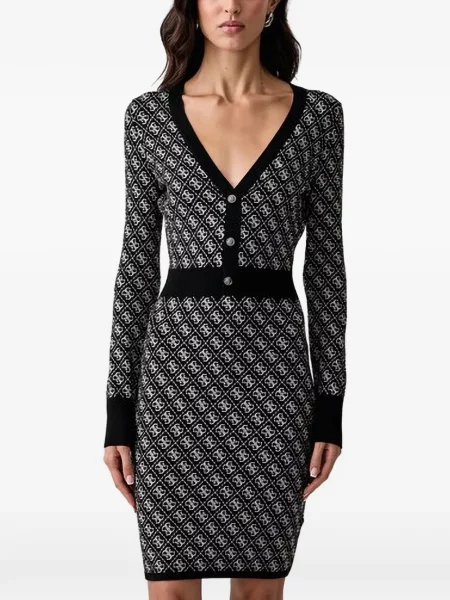 Rochie mini Guess cu decolteu în V cu autograf negru
