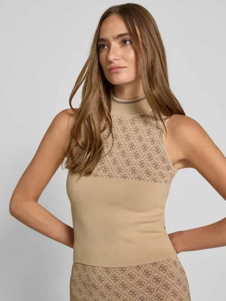 Dzianinowy top Guess z nadrukiem beżowy