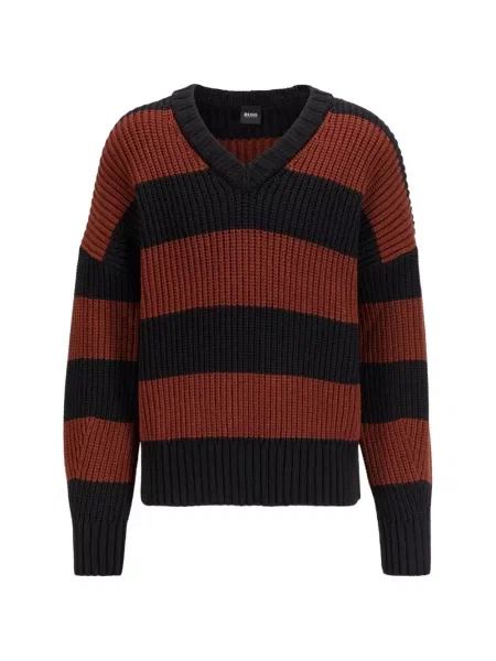 Оребрен пуловер Boss с V-образно деколте черно