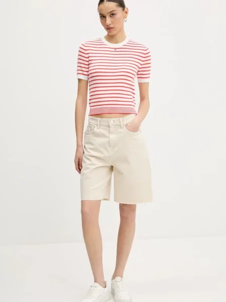 Tommy Jeans szorty jeansowe gładkie high waist beżowy