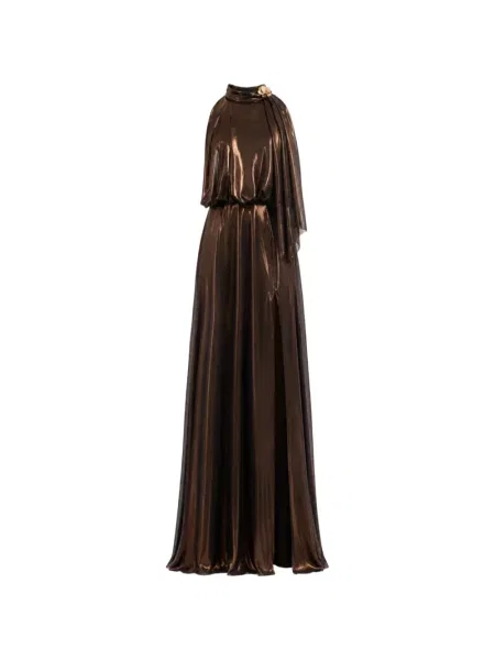 Rochie maxi Gemy Maalouf cu model floral cu gât halter maro