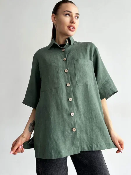 Льняная женская рубашка зелена