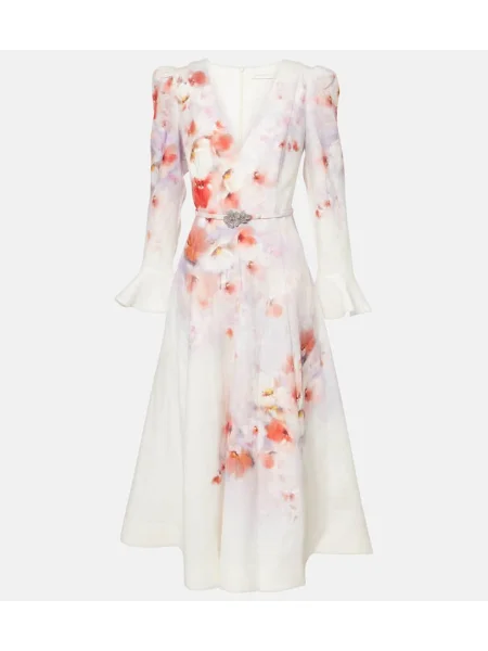 Lniana sukienka midi Zimmermann w kwiatki garniturowa czerwona