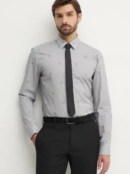 Риза BOSS мъжка с кройка по тялото с класическа яка черно