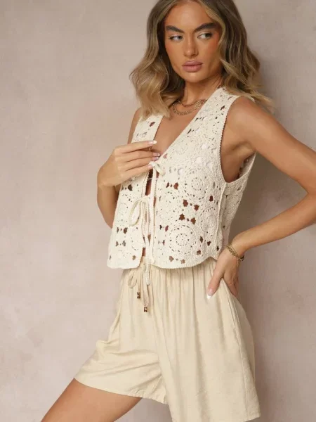 Szorty z Bawełny High Waist z Wiązaniem Filorella beżowe