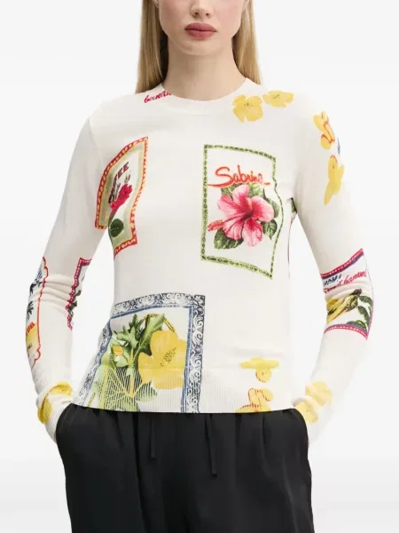 Pulover Desigual cu model floral cu imagine alb