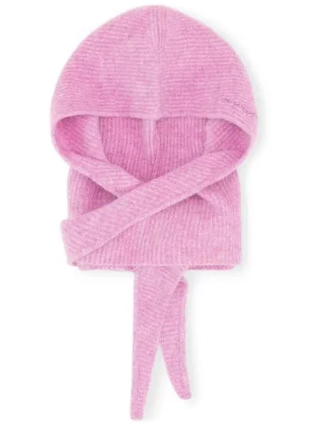 Căciulă Ganni cu broderie tricotate roz