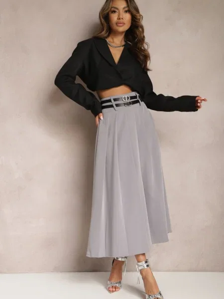 Fustă plisată evazată cu două cu catarame Jaleara gri