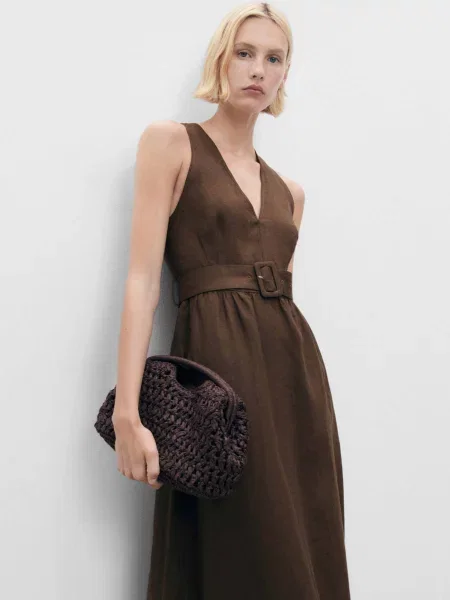 Лляна Сукня міді MANGO коричневий