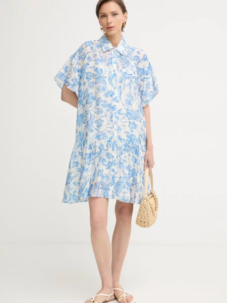 Twinset rochie de vară cu amestec de in albastru