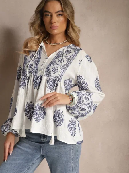 Bluzka w Stylu Boho z Falbanką Zdobiona Haftem i Wiązaniem Aerraza biała