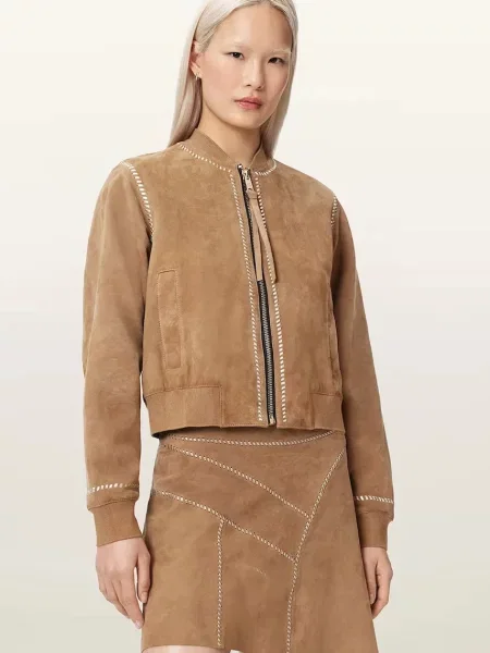 AllSaints geacă bomber pentru femei din piele întoarsă ORTEN bej