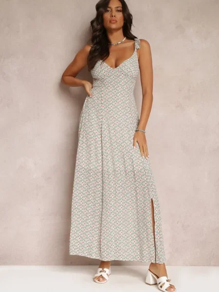 Rochie verde-albă maxi evazată cu bretele ornamentate și decolteu adânc din Jesa alb