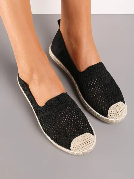 Espadrile Ajour Decorate cu Impletitura pe Talpa si Varf Tarniesa negre