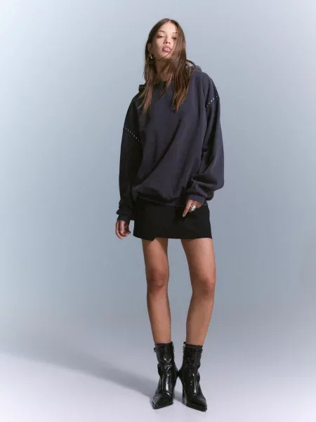 Bershka Bluza Z Kapturem I Ćwiekami Kobieta Xs Ciemnoszary