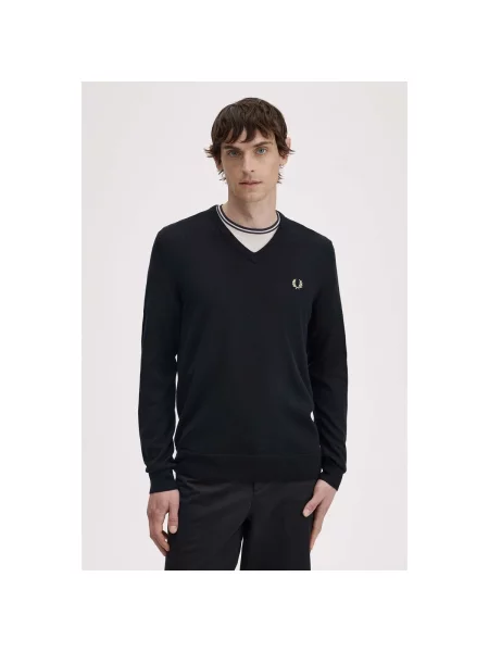 Pulover Fred Perry cu decolteu în V clasic negru