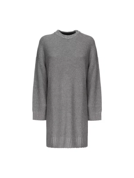 Sukienka maxi Pinko z kamieniami wełniana z długim rękawem szara