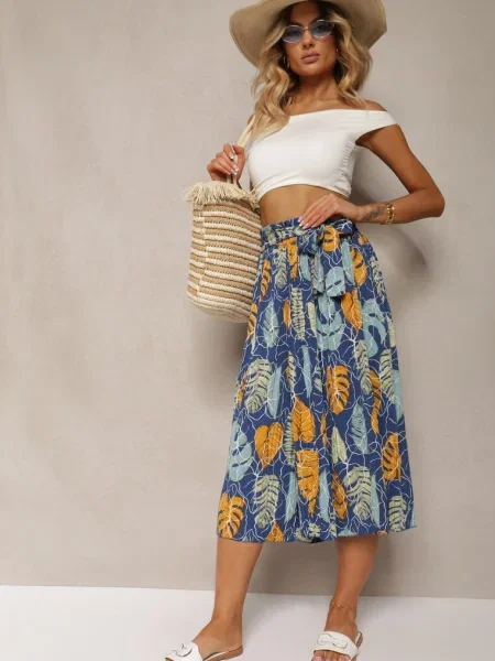 Pantaloni Bleumarin-Galben Szwedy cu Talie Înaltă în Talie Pasefia albastru