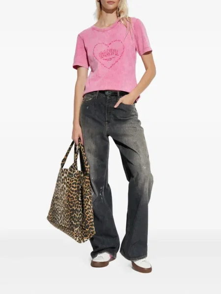 Tricou Ganni cu broderie cu motiv cu inimi roz