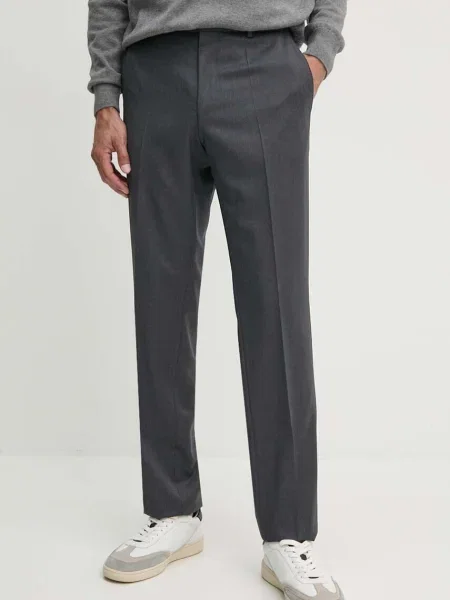 BOSS pantaloni de lana drept gri
