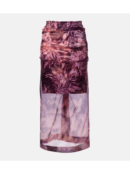 Fustă midi Dries Van Noten de mătase cu imagine până la genunchi bordo