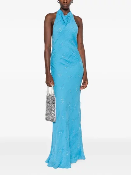 Rochie maxi Staud cu mărgele cu gât halter albastru