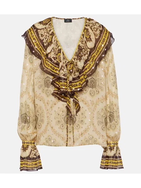 Jedwabny top Etro z falbankami z wzorem paisley złoty