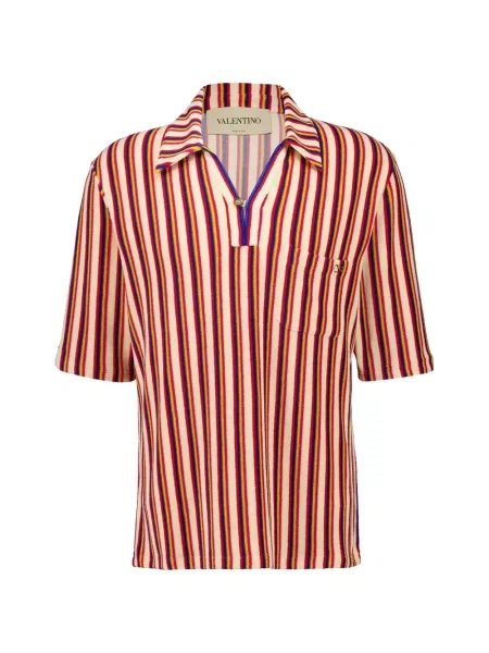 Tricou polo Valentino Garavani cu dungi cu decolteu în V portocaliu