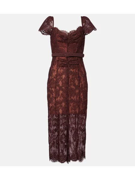 Cu centură rochie midi Self-portrait cu model floral din dantelă maro