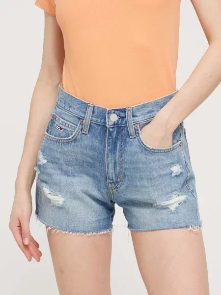 Дънков къс панталон Tommy Jeans с изчистен дизайн с висока талия синьо