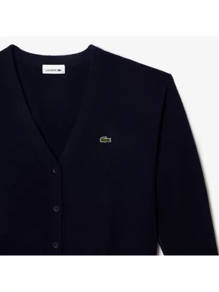 Lacoste Wełniany Sweter Z Dekoltem W Kształcie Litery V granatowy