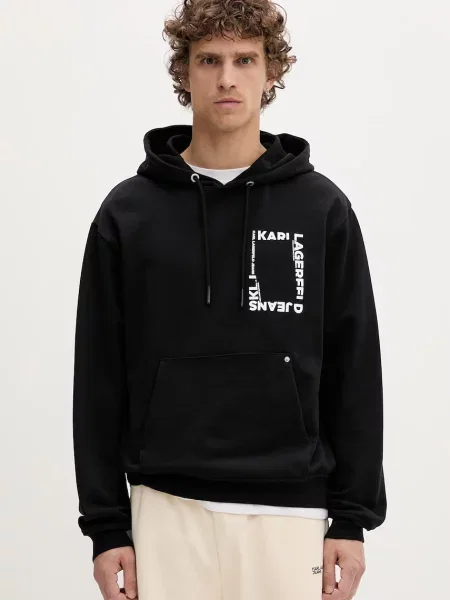 Karl Lagerfeld Jeans pulover s kapuco bombažen črna